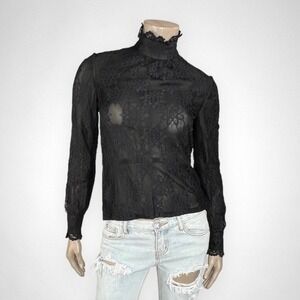 Vintage Small Black‎ Sheer Lace Blouse Long Sleeve High Neck